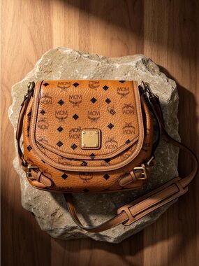 MCM Cognac Visetos Crossbody Saddle Bag with Gold Plaque